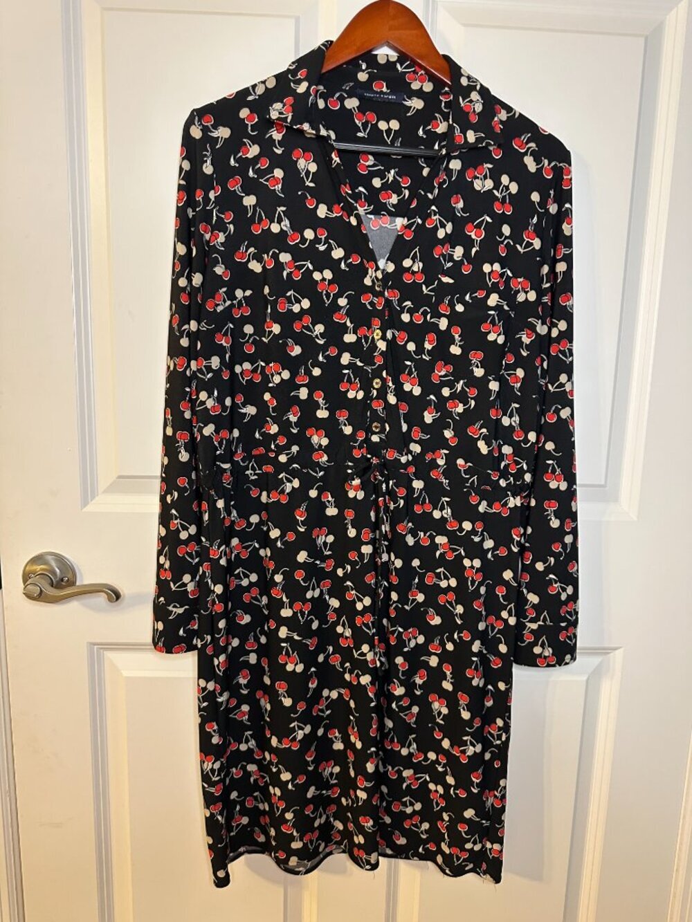 Tommy Hilfiger Cherry Print Shirt Dress Tie Waist Button Front Long Sleeve